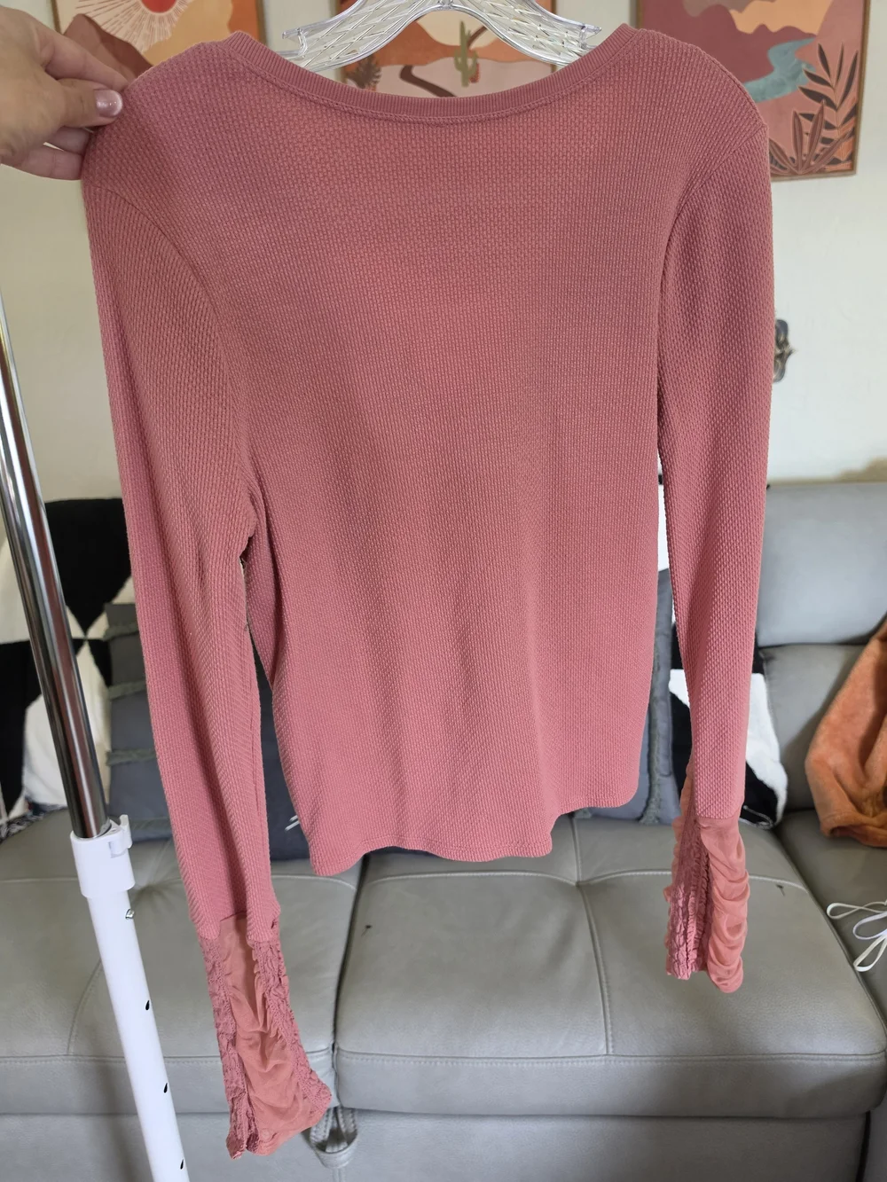 Free People Pink Thermal Knit Long Sleeve Top Ruched Boho Top Size L